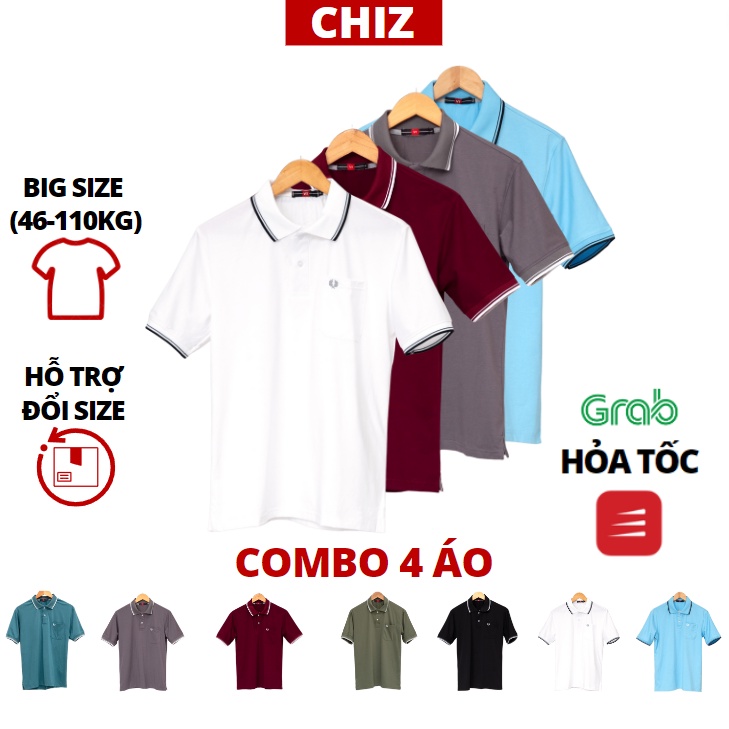 Áo thun polo nam trung niên big size đại cho bố có túi CHIZ vải cotton cao cấp co giãn tay ngắn xẻ tà |COMBO 4 ÁO