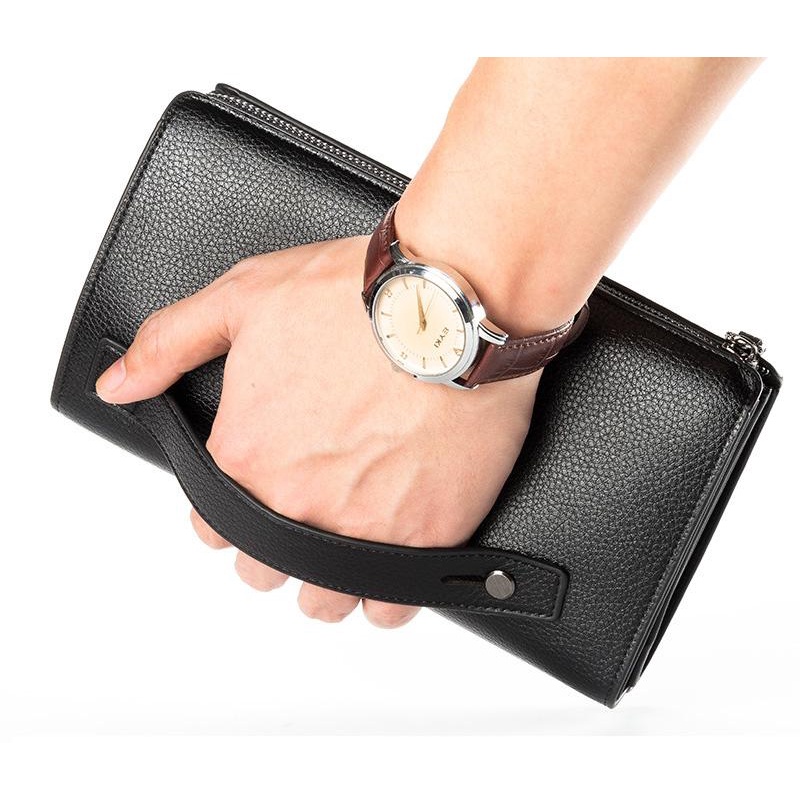 VÍ clutch Nam nữ Bllerry dây kéo đôi có dây móc tay (da bò)