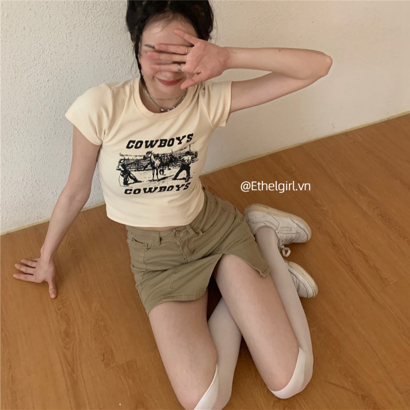 Áo thun thân ngắn dáng ôm tay ngắn phong cách Hàn Quốc quyến rũ cho nữ