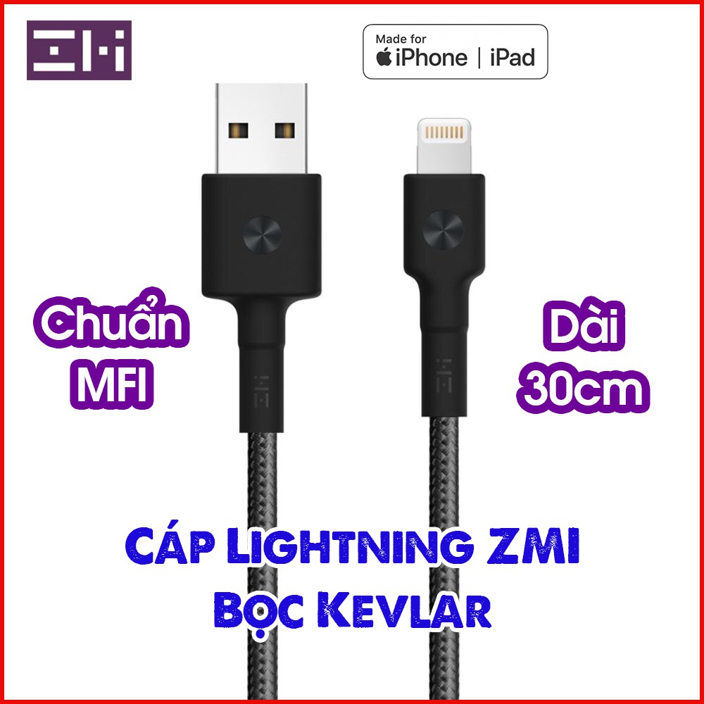 Cáp ZMI USB Lightning AL823- ( Đen ) Chuẩn MFI (30cm) ( hỗ trợ IPhone , IPad , IPod )