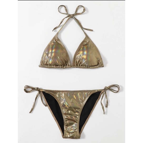 2 piece Bikini Swimsuit (Metallic Triangle Tie Side)