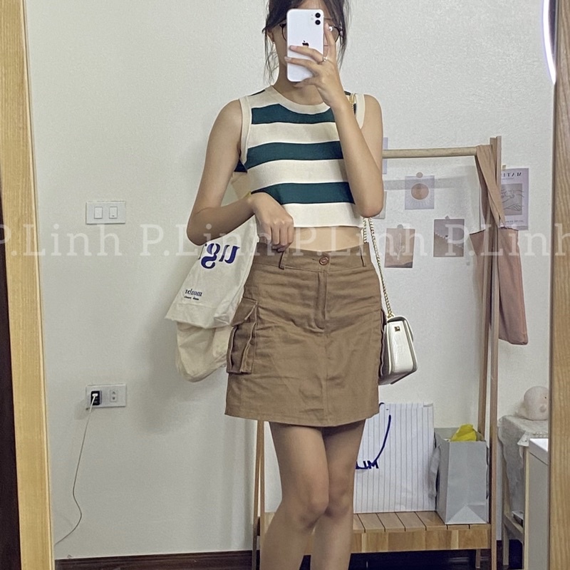 Chân váy nâu kaki túi hộp siêu xinh dày dặn 2 lớp có quần bảo hộ hàng thiết kế cao cấp Linhchi.studio [CÓ BIGSIZE] | BigBuy360 - bigbuy360.vn