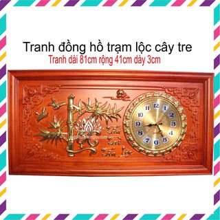 Tranh đồng hồ chữ lộc cây tre,Tranh lộc tre lộc trúc gỗ hương dài 81 rộng 41cm dày 3cm