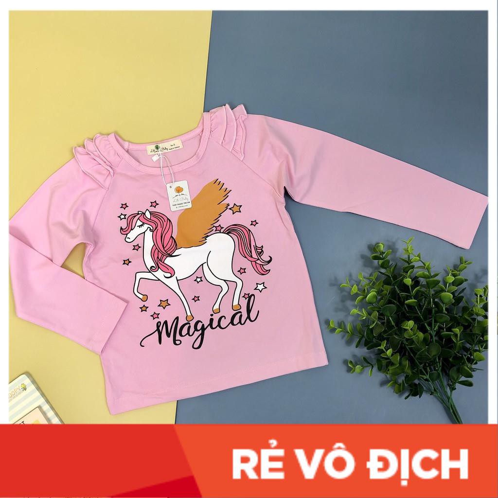 Áo cotton  bèo vai in hình ngựa Pony dài tay bé gái size 3-10T, cho bạn từ 12-30kg. Chất cotton đẹp, đanh tay