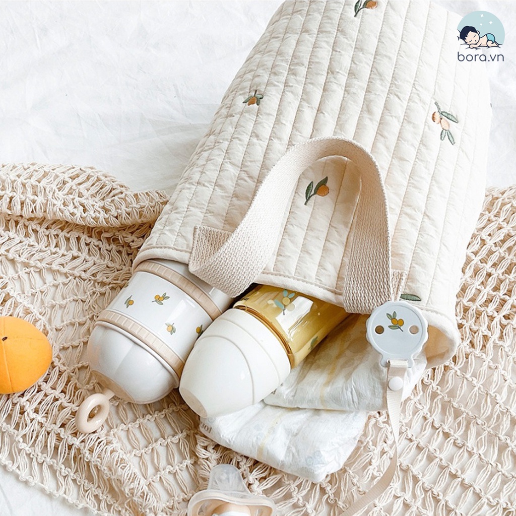 Gấu dễ thương Thêu Tote Túi xách xách tay Túi đựng tã cho bé Túi vải cotton Túi xe lăn