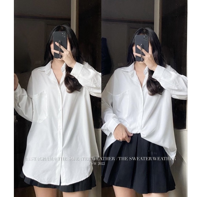 Áo sơ mi trắng from rộng tay dài vintage phong cách Hàn Quốc năng động