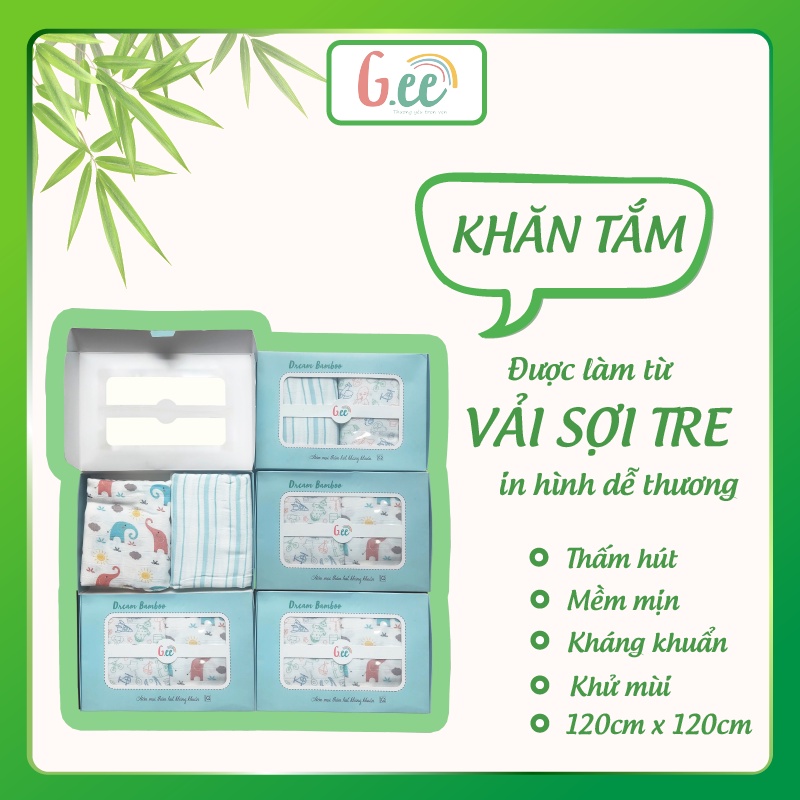 Khăn Tắm Sợi Tre Họa Tiết Vải Bamboo Đa Năng Cho Bé Trẻ Sơ Sinh Hai Lớp Cao Cấp Kích Thước 120x120cm G-ee Kids Set 2 Cái