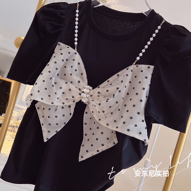 Áo Thun Tay Ngắn Dáng Rộng Màu Đen Đính Hạt Thời Trang Mùa Hè Cho Nữ