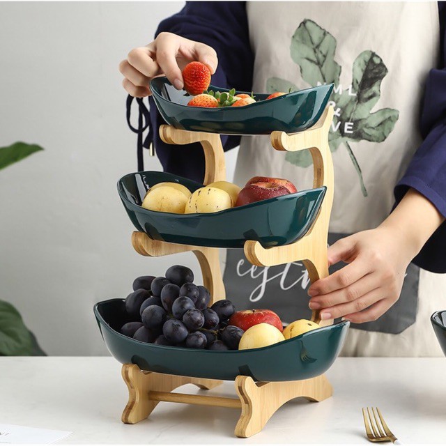 KHAY 2 TẦNG ĐỰNG BÁNH KẸO HOA QUẢ SỨ MÀU XANH CỔ VỊT HÌNH BẦU DỤC