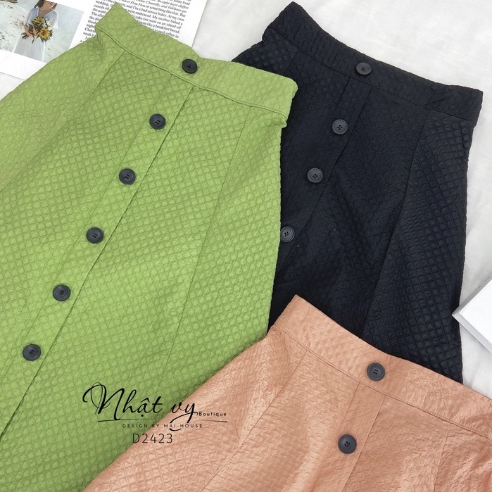 Chân Váy Nữ NHẬT VY Dáng Xoè Phối Cúc Chất Xốp Màu Xanh, Nâu, Đen - D2423