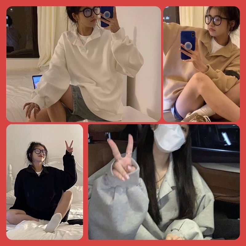 Áo Nỉ Polo Nữ 💓freeship💓 Sweat zip nỉ bông dài tay bồng, form rộng Ulzzang(hàng sẵn)