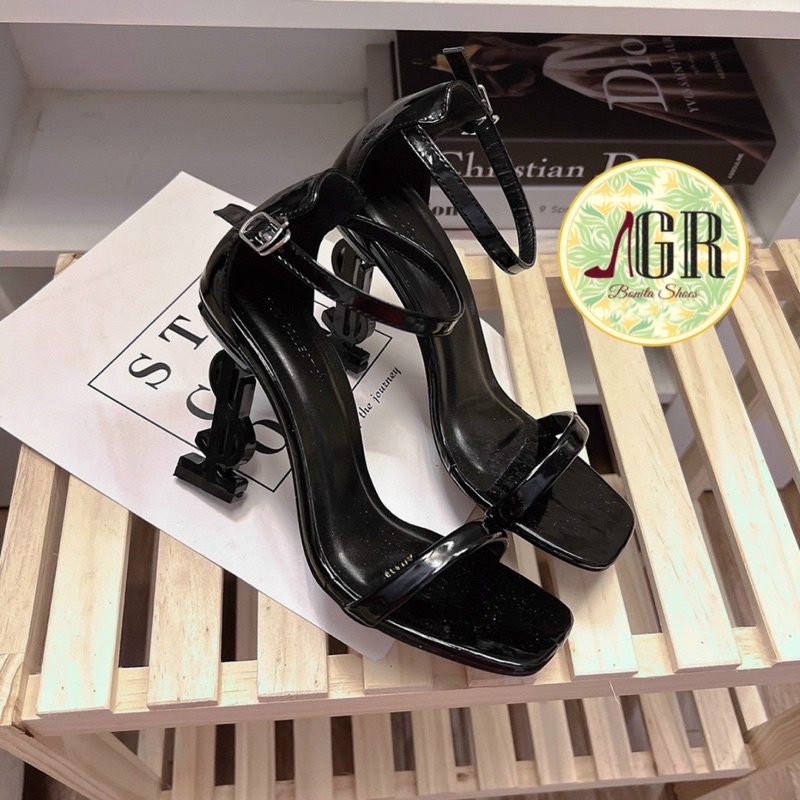 Sandal quai mảnh da bóng gót chữ L siêu đẹp cao 8p