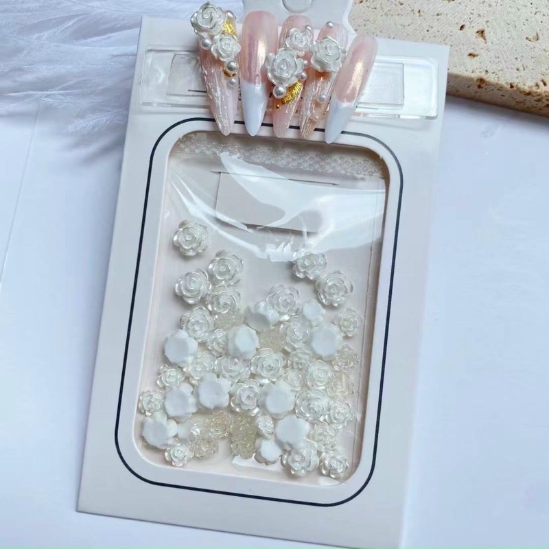 Túi charm hoa hồng trắng mẫu mới, phụ kiện nail đẹp
