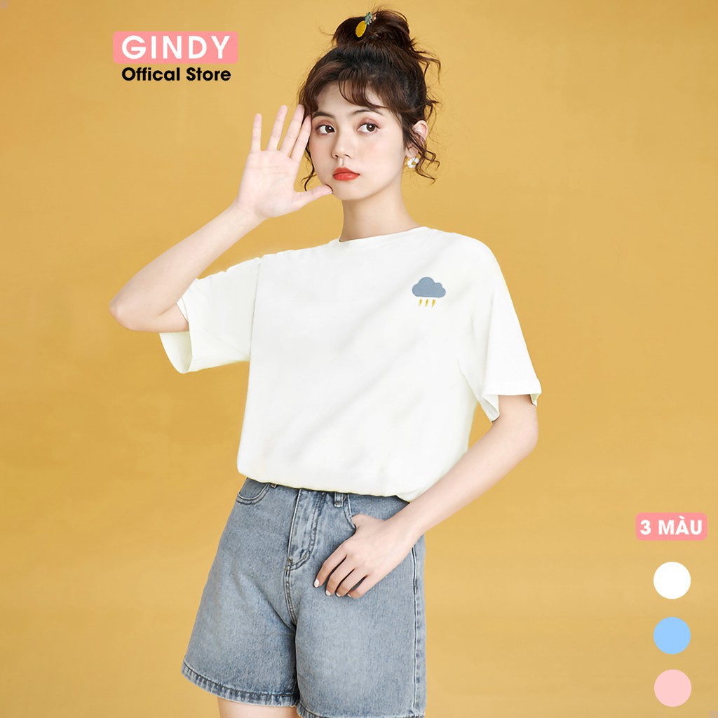 Áo phông basic nữ unisex GINDY họa tiết thời tiết cổ tròn tay lỡ unisex cotton thoáng mát thấm hút mồ hôi A20020