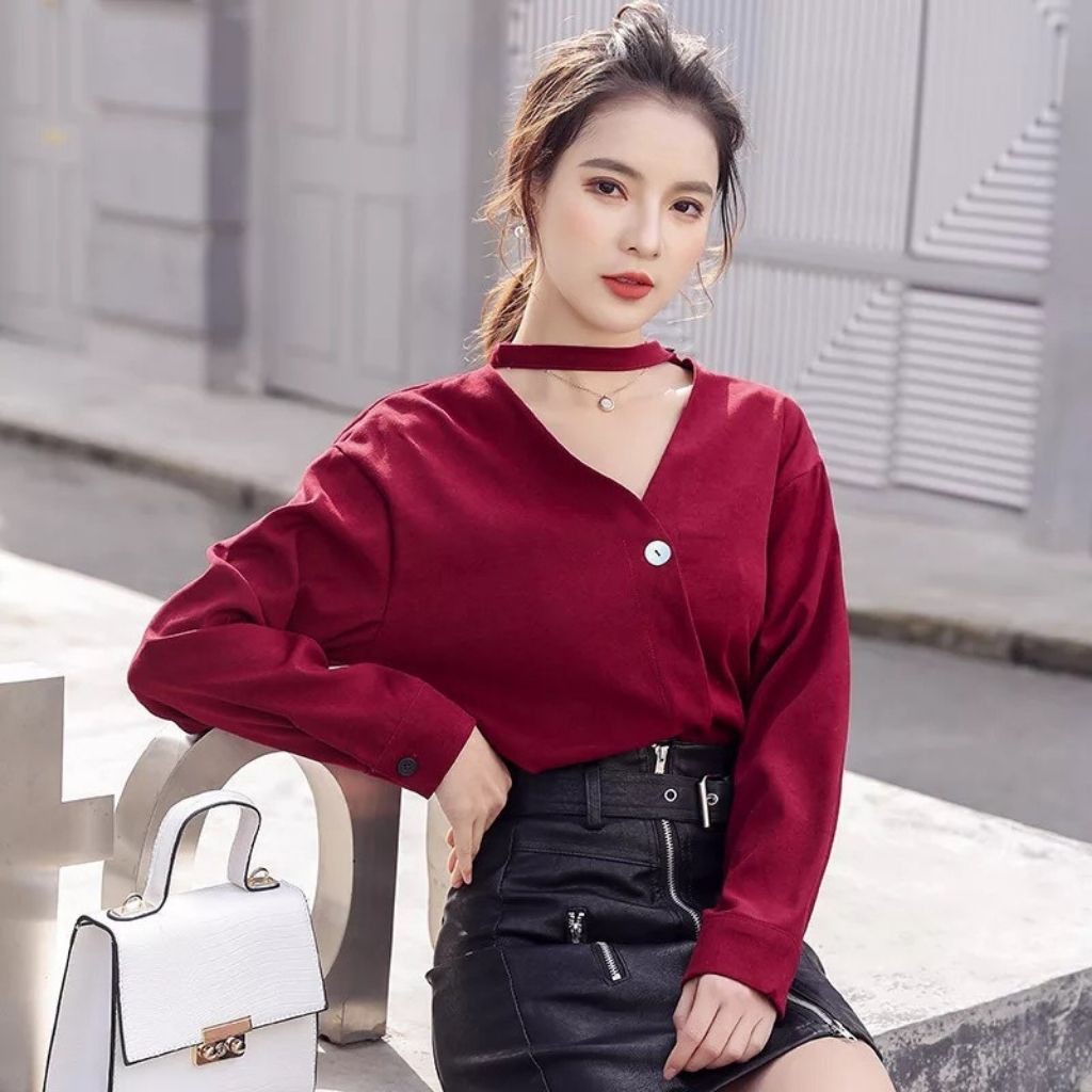 Áo sơ mi công sở dài tay màu đỏ đô Hàn Quốc Hulian Fashion