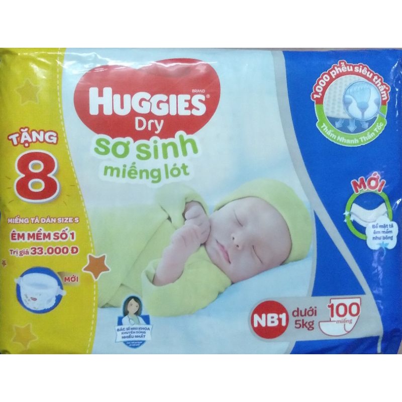 [Tặng 8 miếng tã dán size S] Miếng lót sơ sinh Huggies NB1 - 100 miếng/ NB2 - 60 miếng