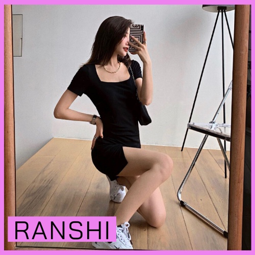 Váy Cổ Vuông Xẻ Tà Basic RANSHI Đầm Ngắn Siêu Tôn Dáng Thời Trang Mùa Hè Nữ Chất Thun Cotton Nhẹ Mát - RBD015