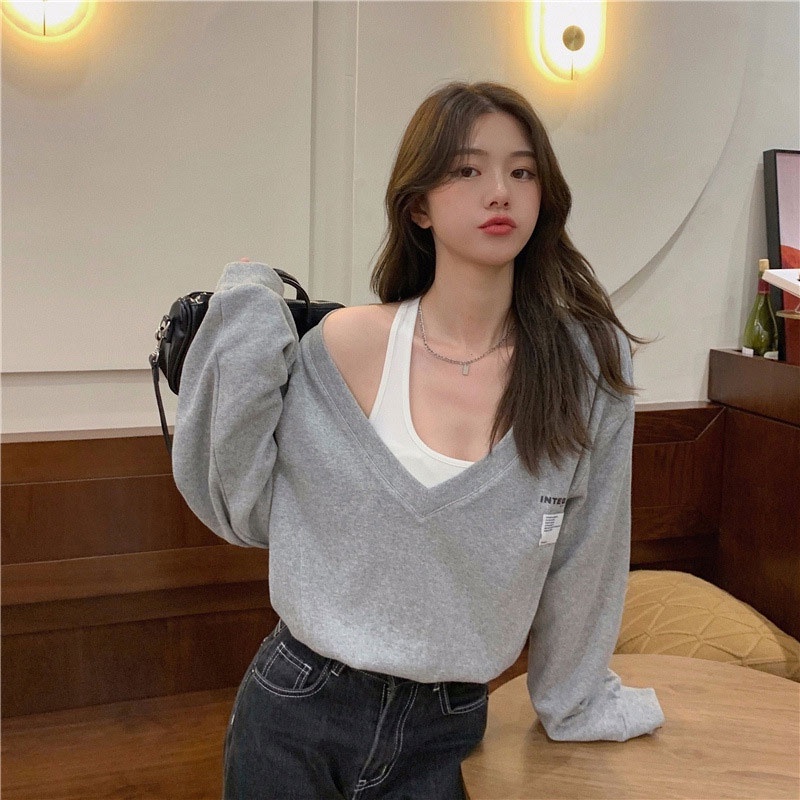 Áo sweater XINLANYASHE dáng rộng giả hai lớp cổ chữ v phối màu thời trang xu hướng Hàn Quốc cho nữ