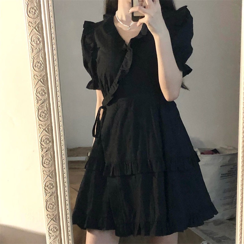 Đầm Đen Cổ Búp Bê Dáng Chữ A Phong Cách Hàn Quốc Thời Trang Mùa Hè Xinh Xắn Cho Nữ
