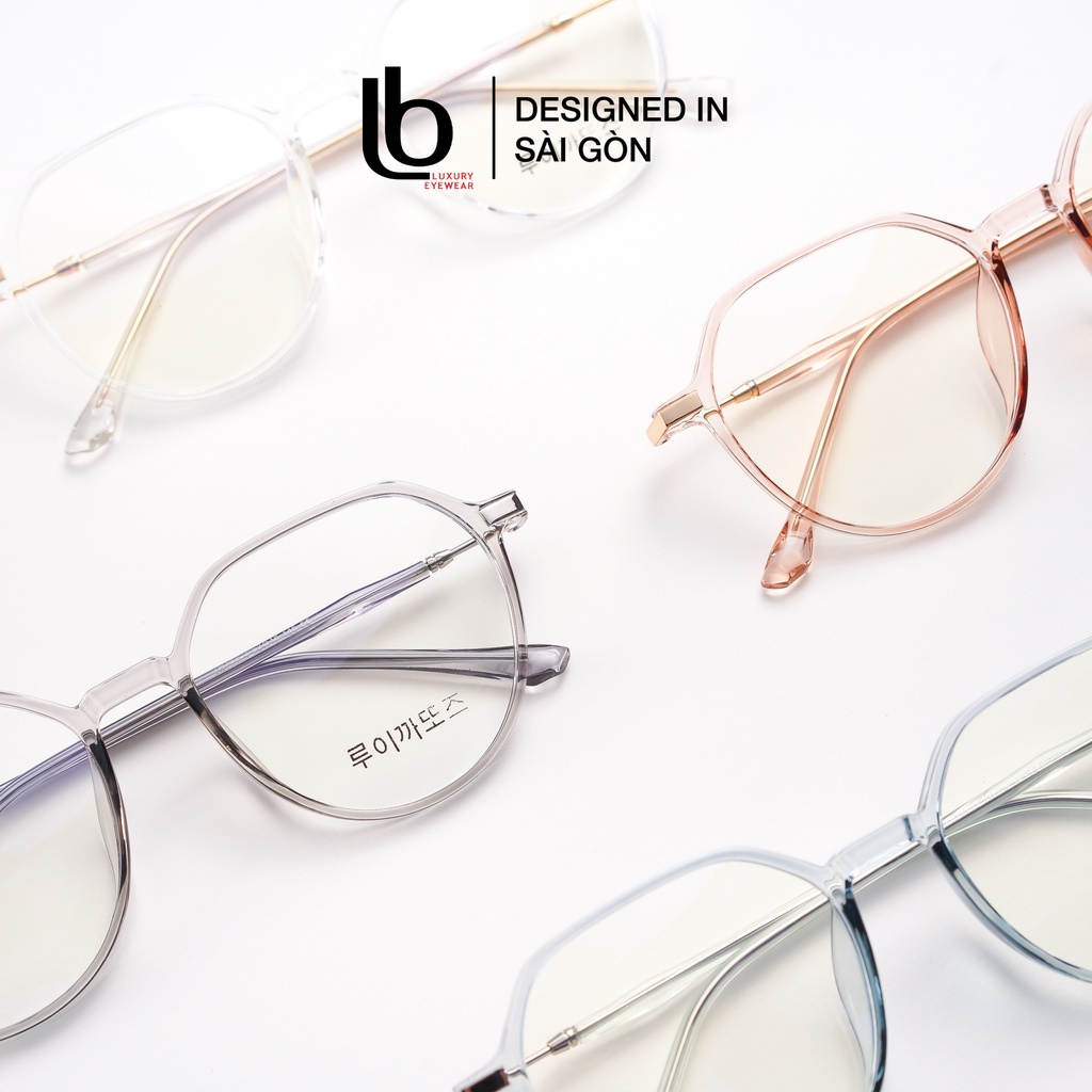 Gọng kính cận Tròn Bầu LB Luxury Eyewear Korea HQ75 203 - Nhựa phối kim loại - Trong suốt / Cam hồng / Xanh / Ghi xám