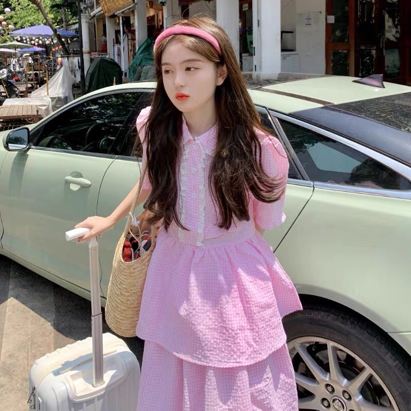 Set Áo Kiểu Babydoll Váy Dáng Dài Sọc Caro Hồng Xinh