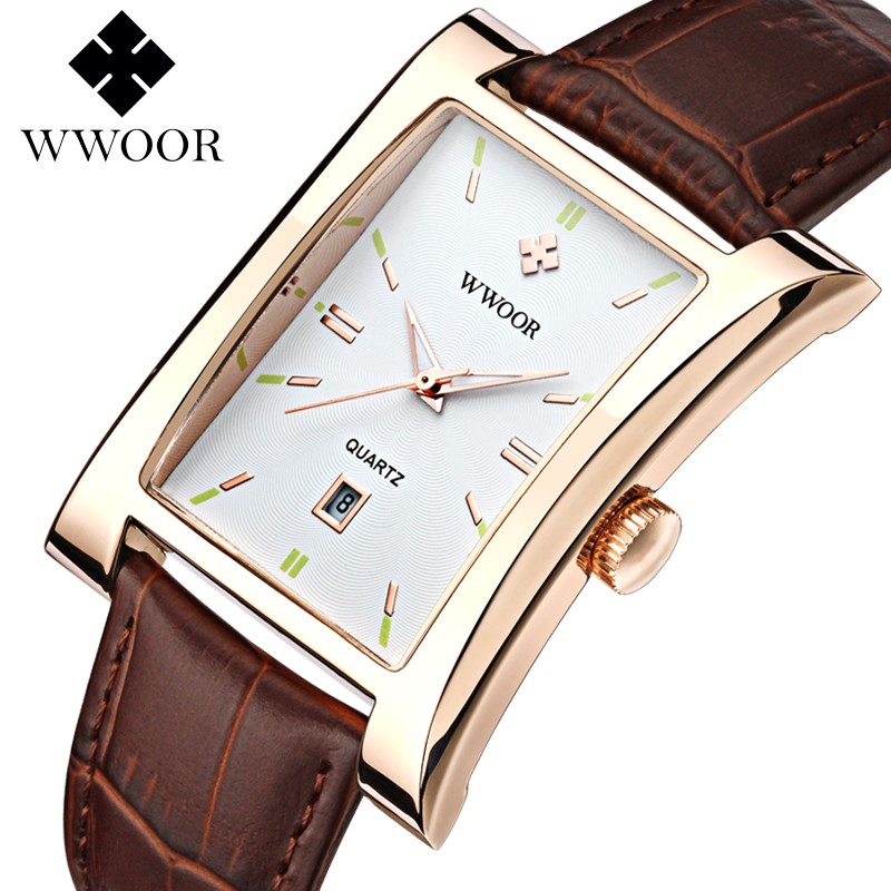 WWOOR Fashion Men's watches waterproof calendar leather strap casual square wristwatch business watch for men 8017