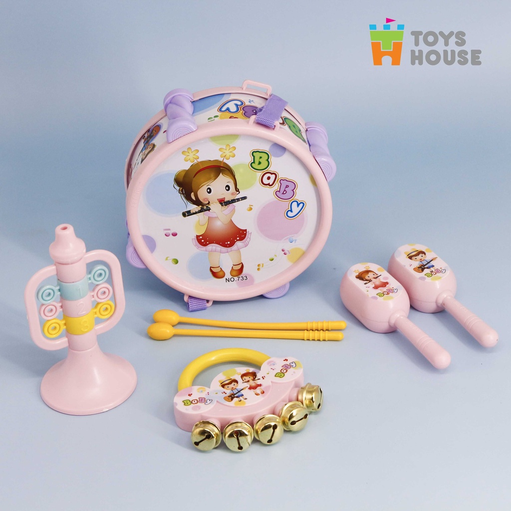 [ẢNH THẬT + VIDEO] Bộ đồ chơi Xúc xắc, lục lạc, kèn, trống Toyshouse dành cho bé từ sơ sinh TH1220-733A màu hồng