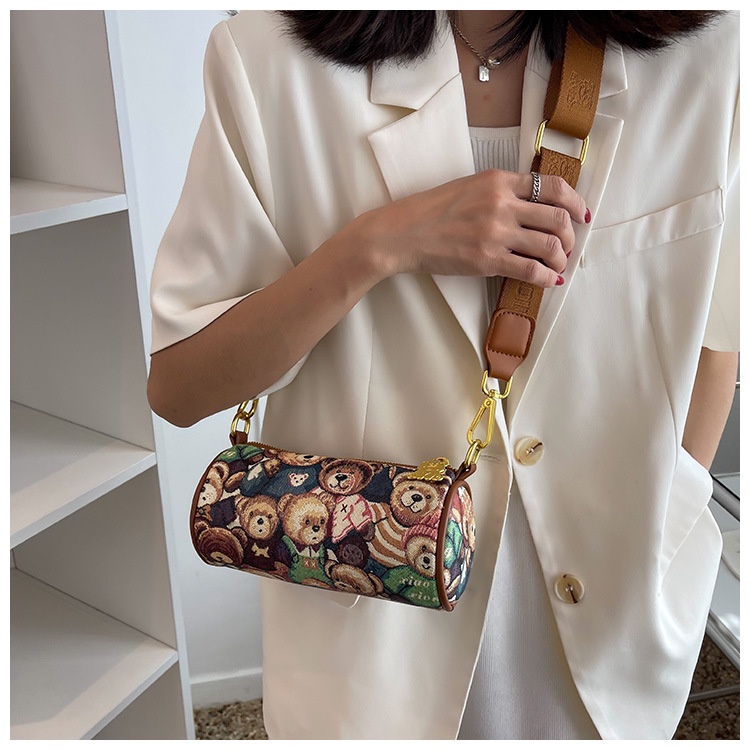 Túi Đeo Chéo Mini Hình Trụ In Họa Tiết Chú Gấu Dễ Thương Thời Trang Cho Nữ