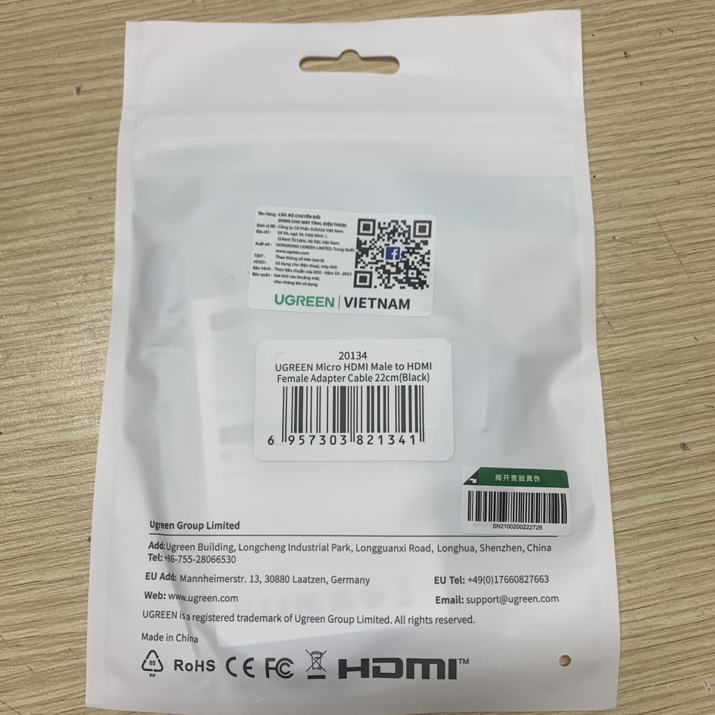 Cáp chuyển đổi Micro HDMI sang HDMI, Chính hãng Ugreen 20134 mạ vàng, dài20cm
