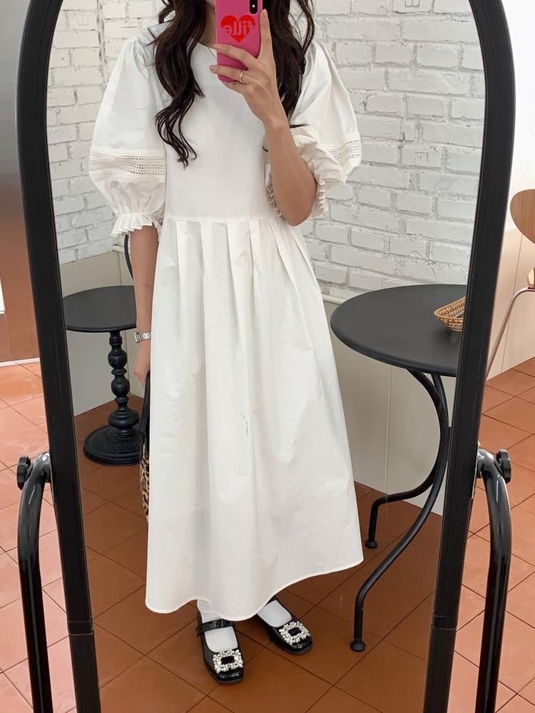 Đầm Dáng Dài Cổ Tròn Tay Phồng Xếp Ly Thời Trang Thanh Lịch 50804