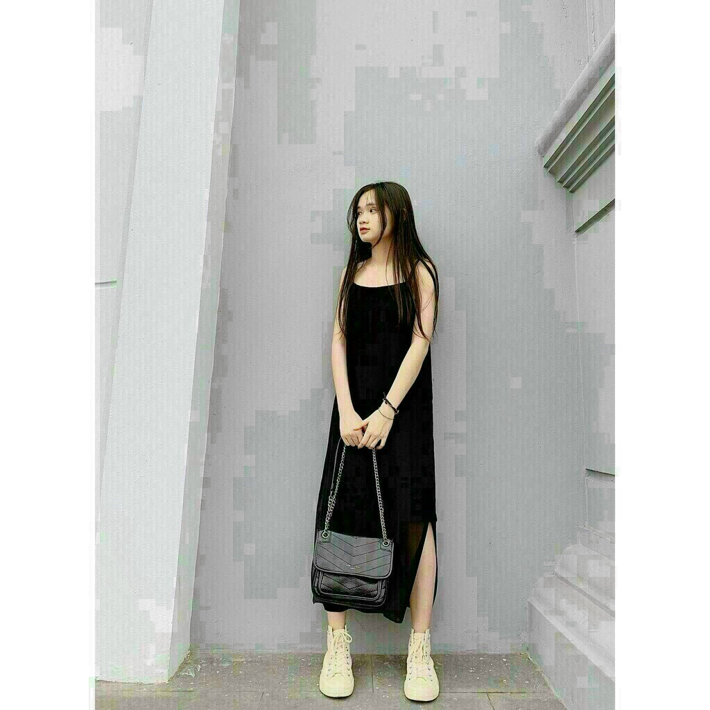 [9.9  Sales Freeship] Đầm voan basic trơn màu 2 dây xẻ tà, đầm maxi cổ vuông dáng dài qua gối đơn giản xinh xắn