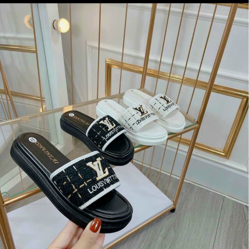 Dép Nữ Quai Ngang Dép Bánh Mì Dạ Thêu Mới LVVT Cực Xinh Đế Pu Siêu Nhẹ Mềm Cao 3P Tôn Dáng Kèm Video Thật
