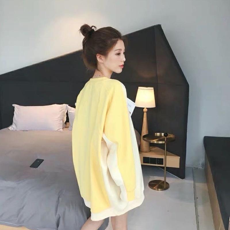 Áo sweater Mỏng Tay Dài Cổ Tròn Dáng Rộng Màu Sắc Khối Lập Thể Thời Trang Cho Nữ