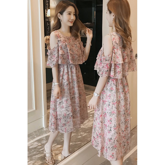 Váy bầu voan hoa hở vai! có khóa mở ngực mặc sau sinh.