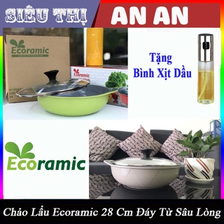 Nồi Lẩu,Chảo Lẩu Sâu Lòng size 28 cm ECORAMIC phủ vân đá chống dính, siêu bền đáy từ tặng bình xịt dầu
