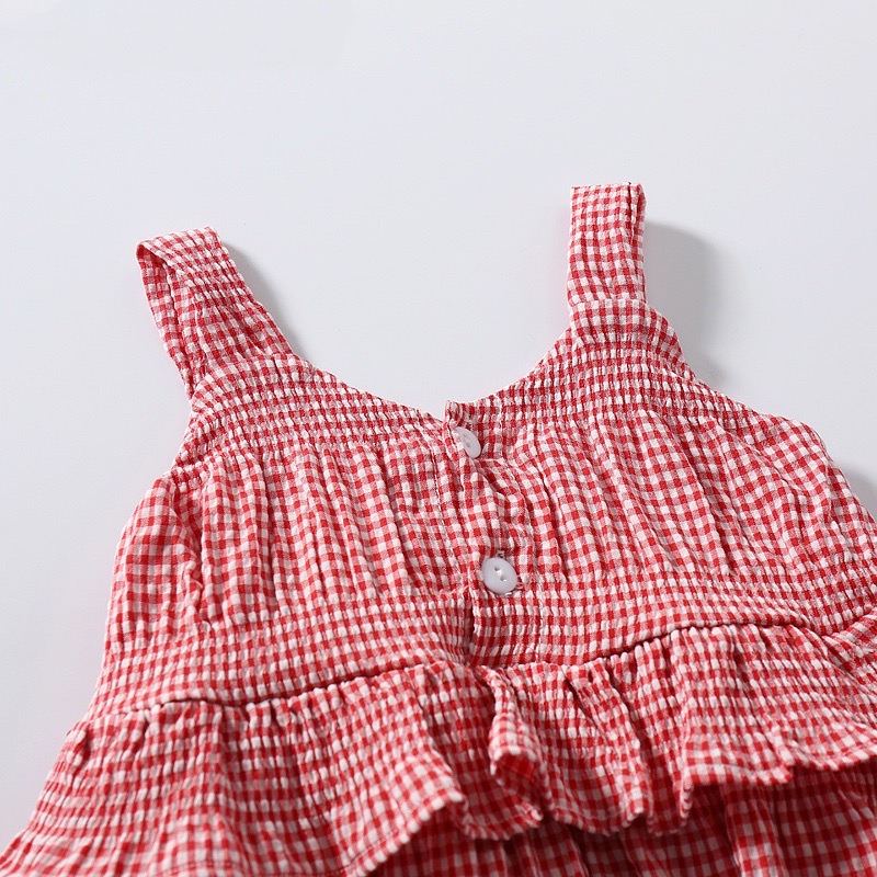 Set Áo Liền Quần Caro Kèm Băng Đô Xinh Xắn Cho Bé Gái