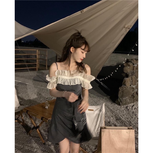 Đầm/Váy trễ vai xám phối ren phong cách hàn quốc | BigBuy360 - bigbuy360.vn