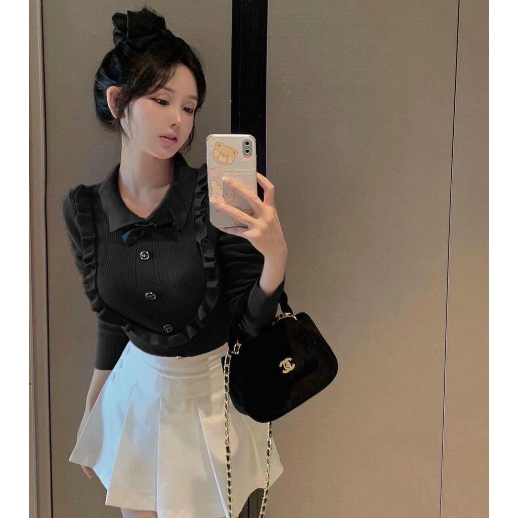 AN159 - ÁO ZIP NƠ PHÔI BÈO THÂN TRƯỚC 2 MÀU ĐEN TRẮNG NỮ