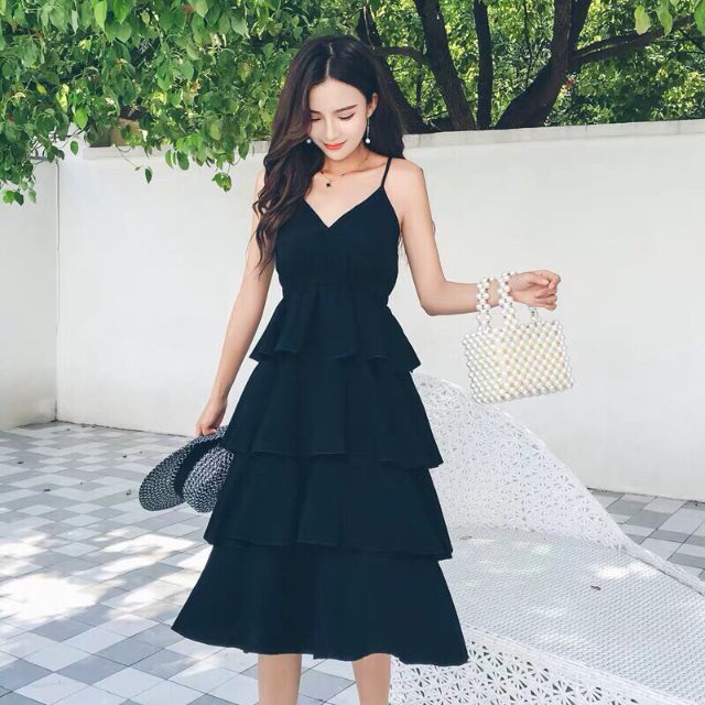 Váy dây xếp li tầng bo chun