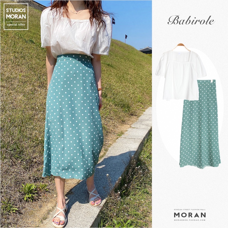 (ORDER) Chân váy MORAN cạp cao chấm bi màu xanh xòe dài điệu đà Hàn Quốc