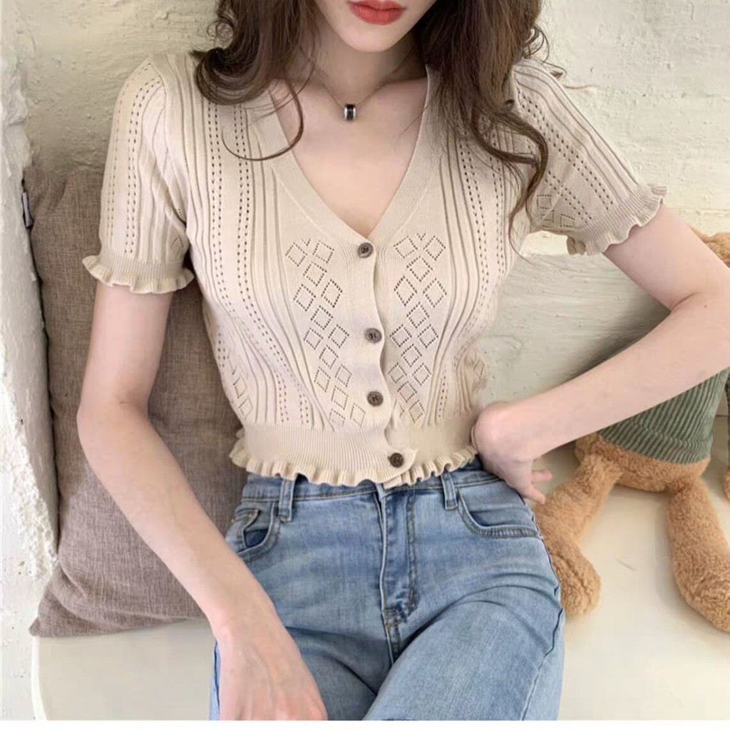 Áo len cộc tay croptop, phong cách Ullzang Hàn Quốc nữ tính