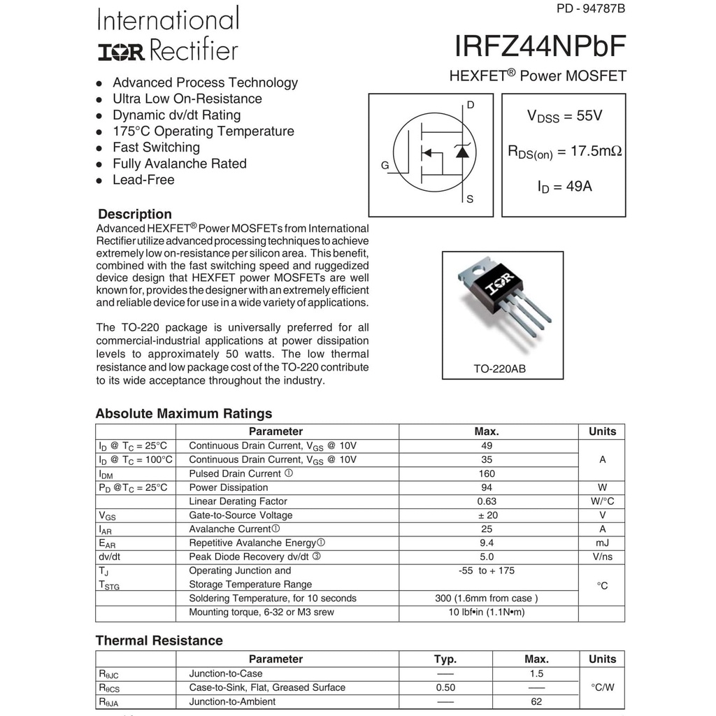 LINH KIỆN Bán Dẫn - MOSFET - IRFZ44NPBF IRFZ44N 49A/55V