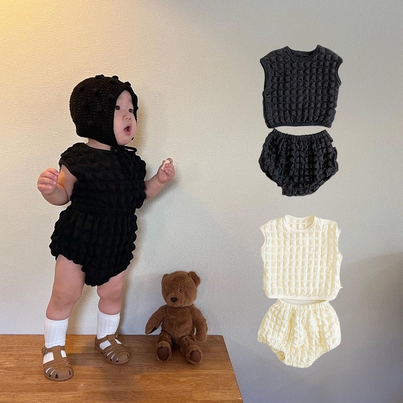 Set Áo Phồng Không Tay + Quần Short Họa Tiết Caro Dễ Thương Cho Bé Sơ Sinh