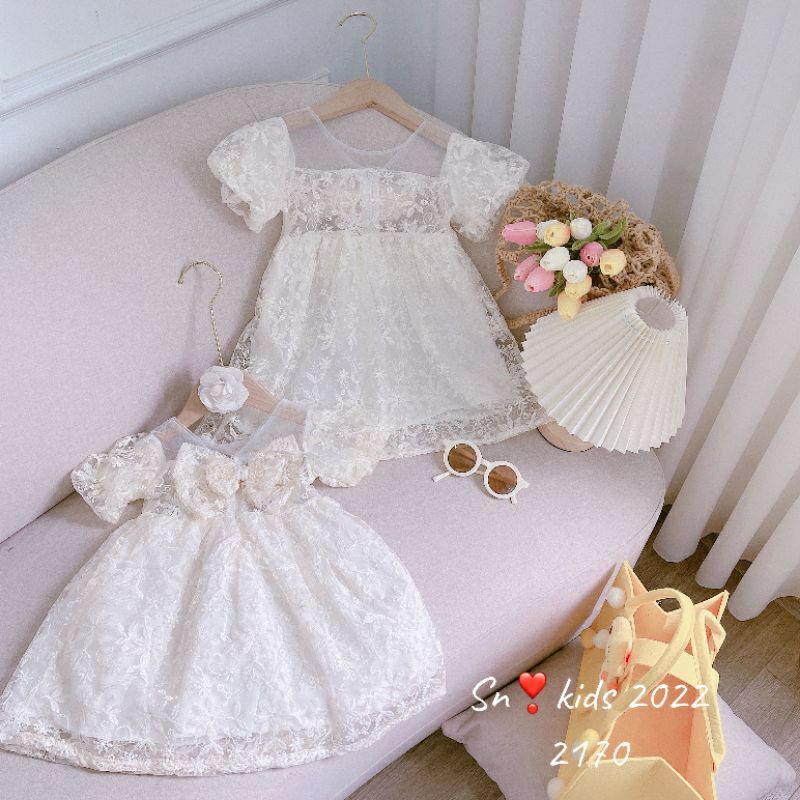 Váy ren trắng bé gái- Đầm công chúa cho bé chất ren thêu hoa mềm mại size 9 - 22ky