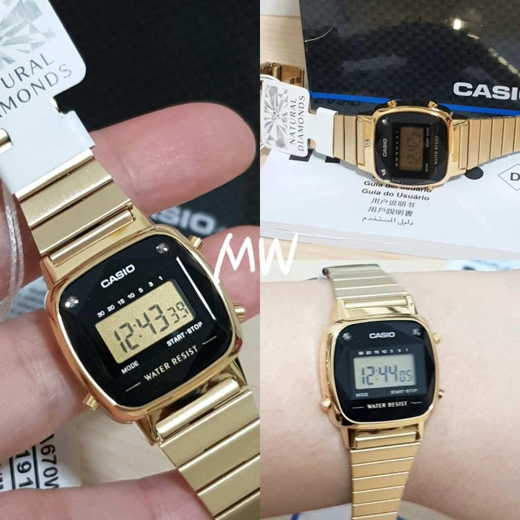 Đồng Hồ Nữ Casio LA670WGAD-1DF Dây Mạ Vàng - Mặt Vuông Đính Kim Cương Tự Nhiên - Bảo Hành Chính Hãng