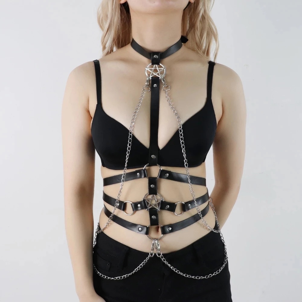Áo Ngực Dây Xích Kim Loại Bằng Da Phong Cách Goth Harajuku Punk Gợi Cảm Cho Nữ