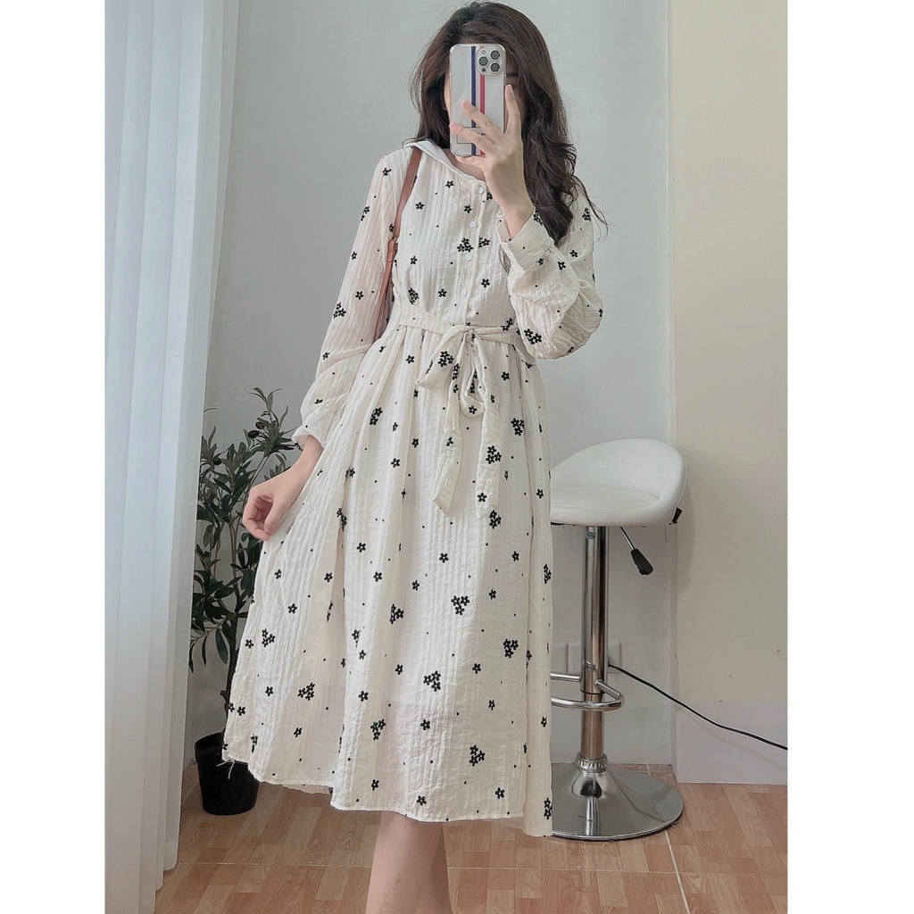 Váy Babydoll Họa Tiết Hoa Đen Kèm Đai Cúc Ngực Cực Xinh, Kiểu Dáng Hàn Quốc