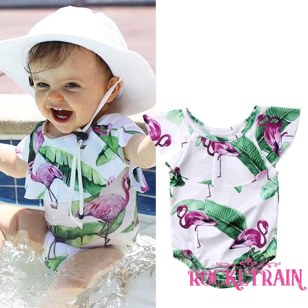 Bộ đồ bơi cho bé gái , áo tắm biển in hình chim hồng hạc