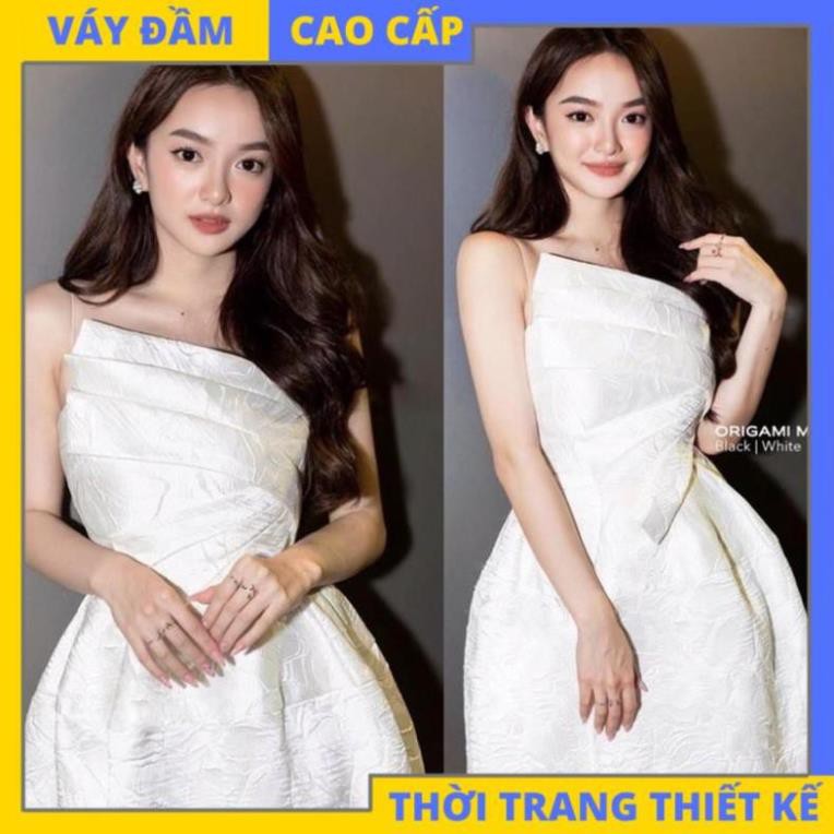 Đầm hai dây dáng xoè nơ ngực gấm dự tiệc đi chơi dạo phố sang trọng (CÓ ĐỆM NGỰC) [HÀNG THIẾT KẾ CAO CẤP]