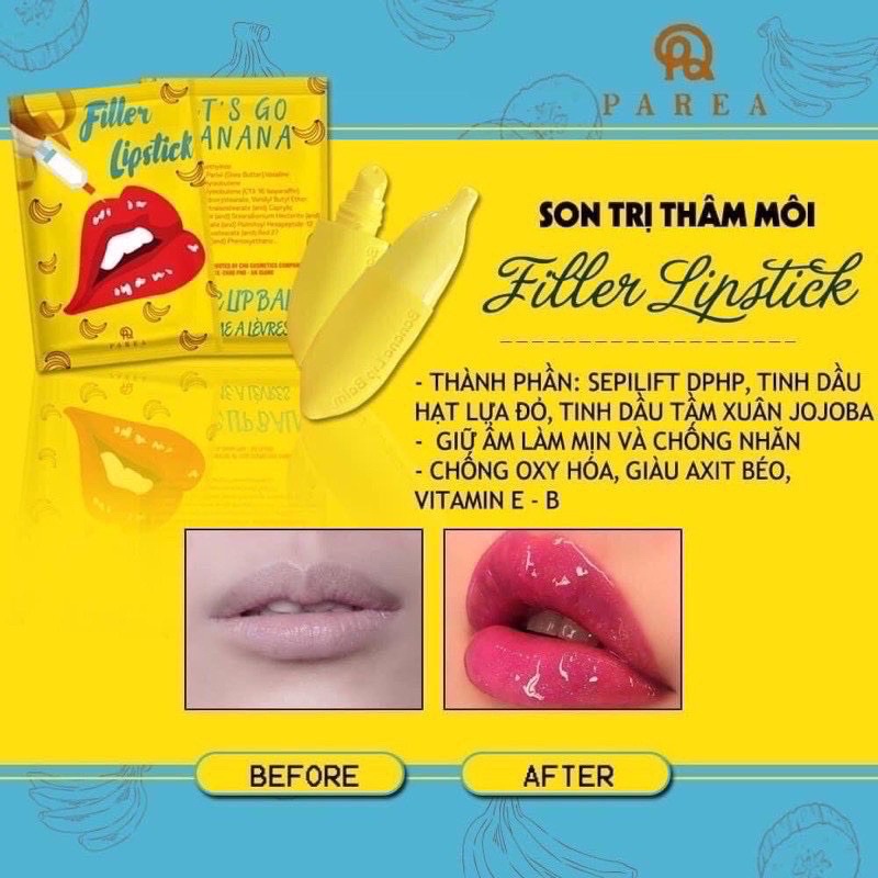 𝗖𝗼́ 𝗦𝗔̆̃𝗡 Son Filler Collagen Chuối Khử Thâm Parea cùng son màu Chu Lipstick, giúp môi căng mọng hồng hào